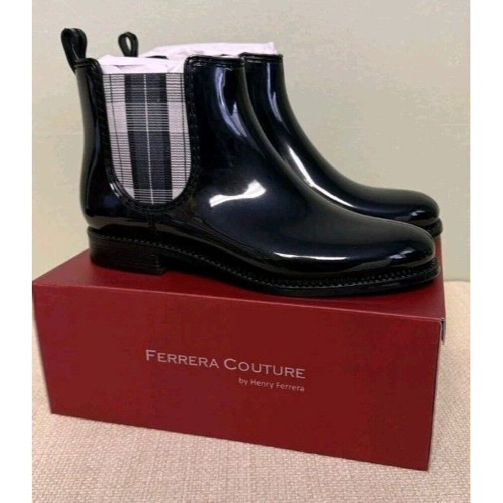 Henry Ferrera Marsala Plaids Black Shiny Ankle Pull On Rain Boots womens 9